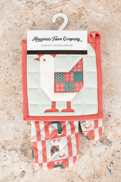 Patchwork Christmas Chicken Oven Mitt & Pot Holder Set