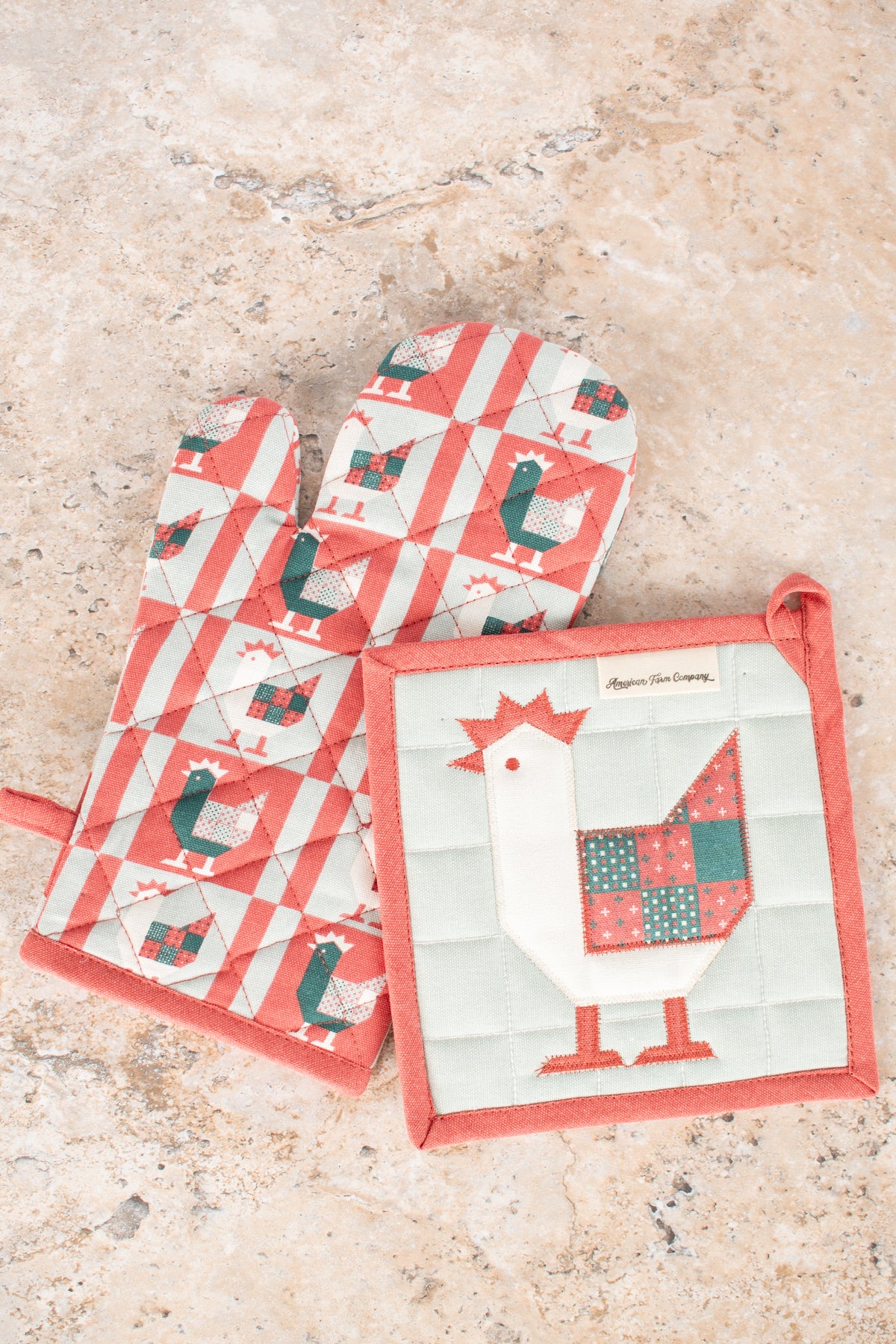 Patchwork Christmas Chicken Oven Mitt & Pot Holder Set