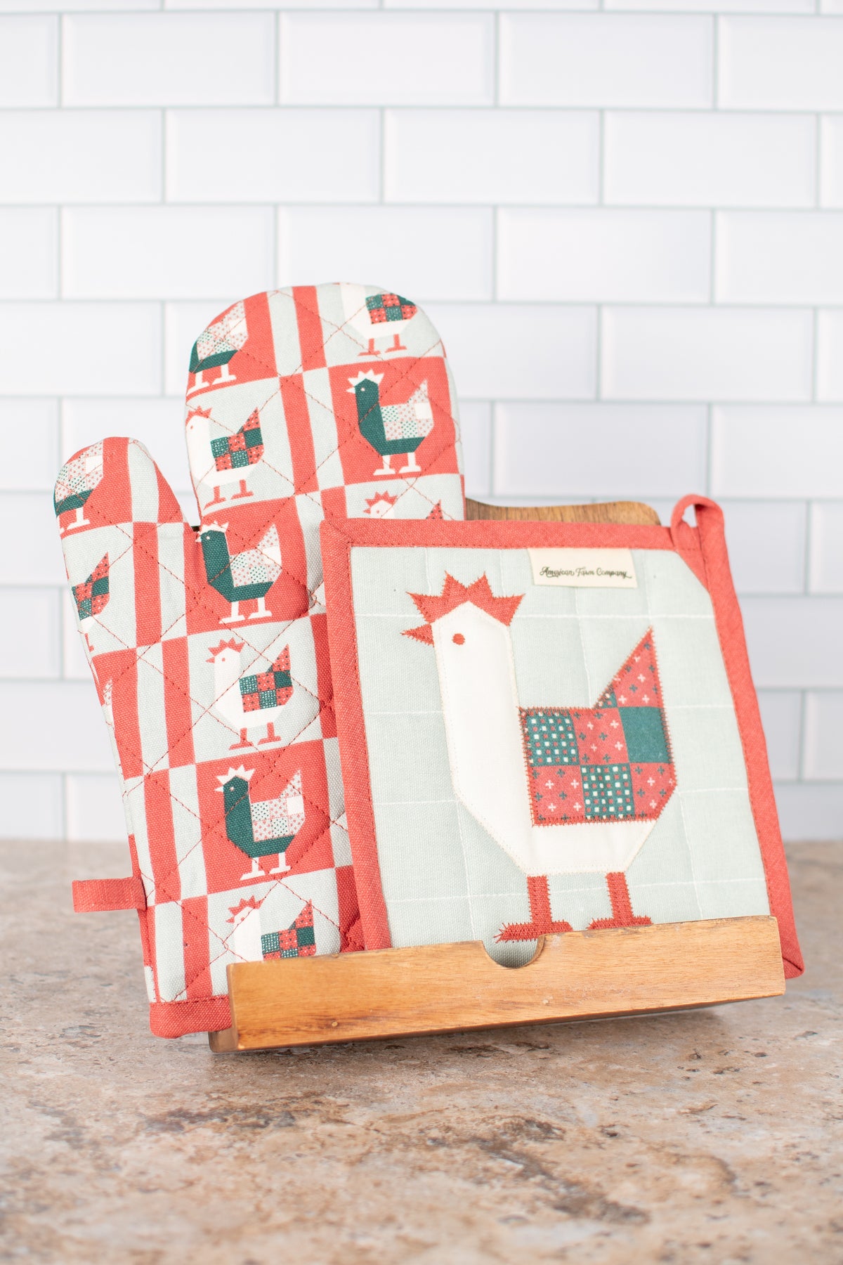 Patchwork Christmas Chicken Oven Mitt & Pot Holder Set