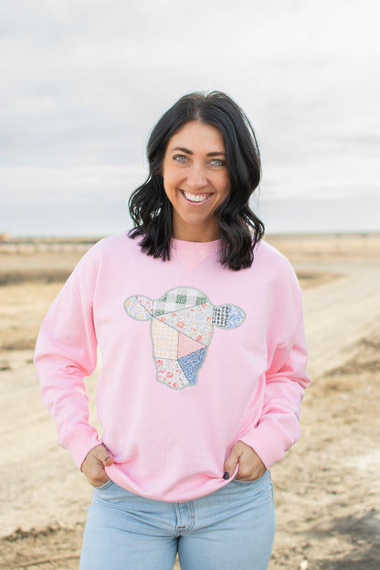 Patchwork Cow Pink Crewneck