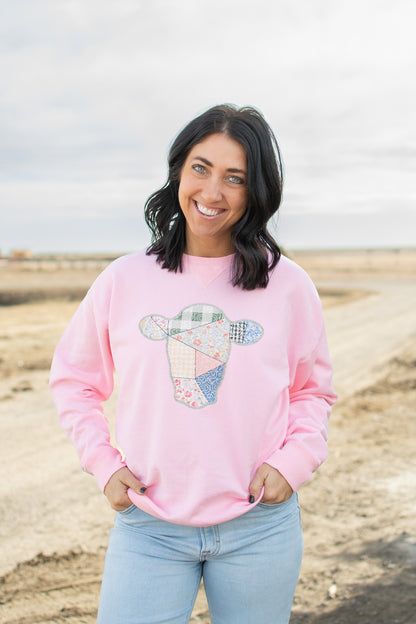 Patchwork Cow Pink Crewneck