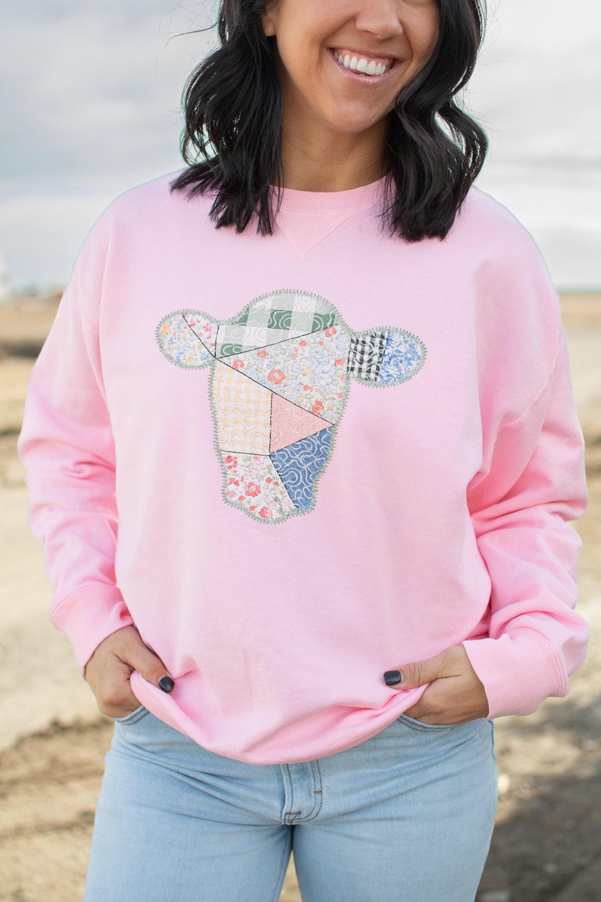 Patchwork Cow Pink Crewneck