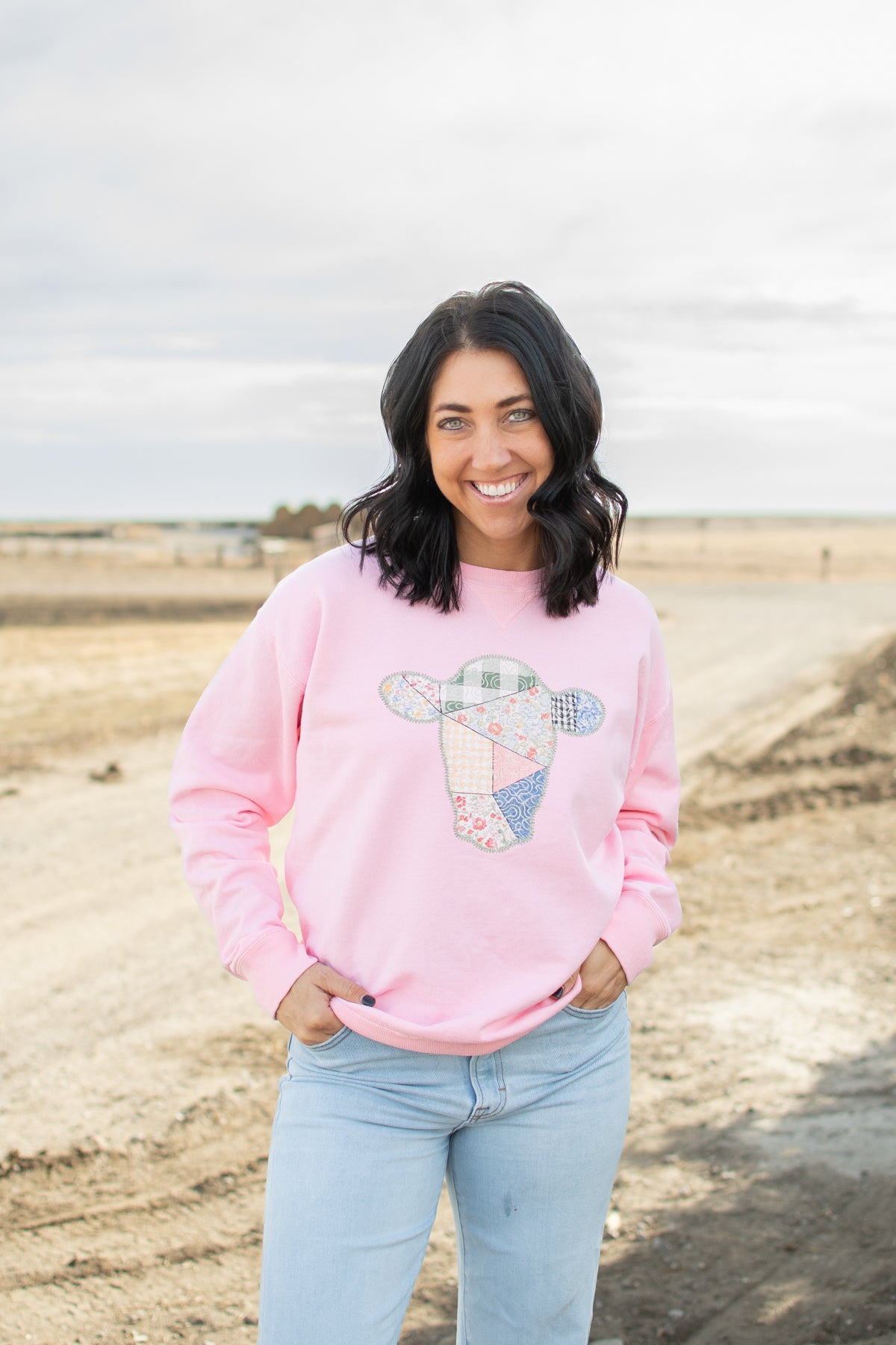 Patchwork Cow Pink Crewneck