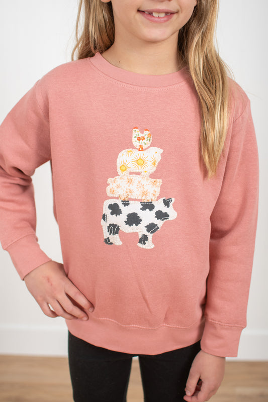 Patchwork Stacked Farm Animals Pink Toddler/Youth Crewneck