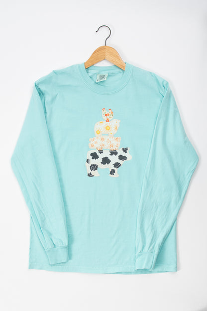 Patchwork Stacked Farm Animals Teal Long Sleeve