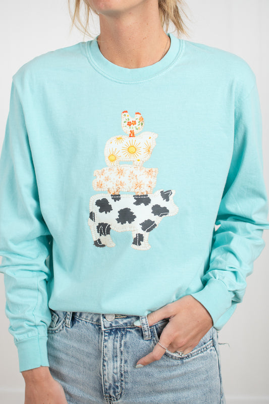 Patchwork Stacked Farm Animals Teal Long Sleeve
