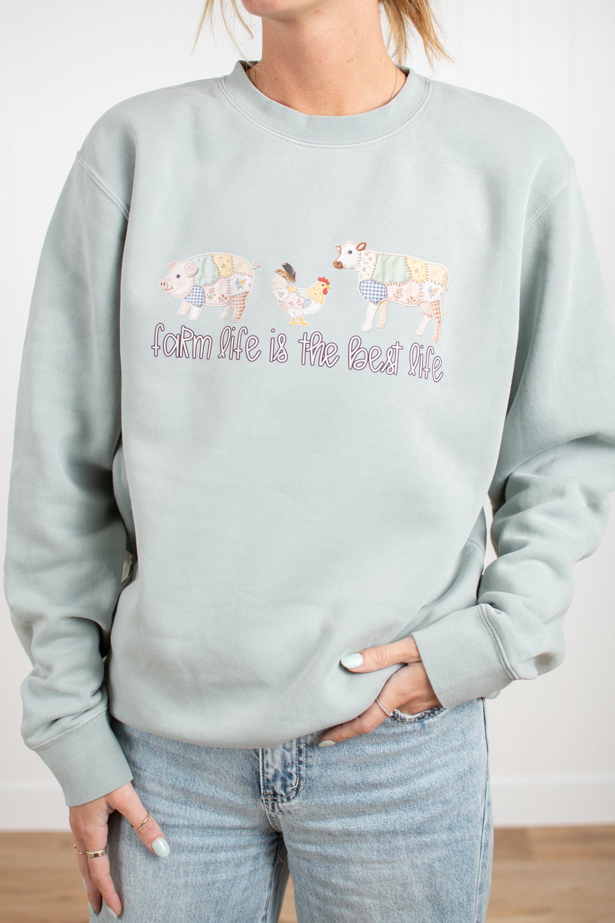 Patchwork 'Farm Life is the Best Life' Sage Crewneck