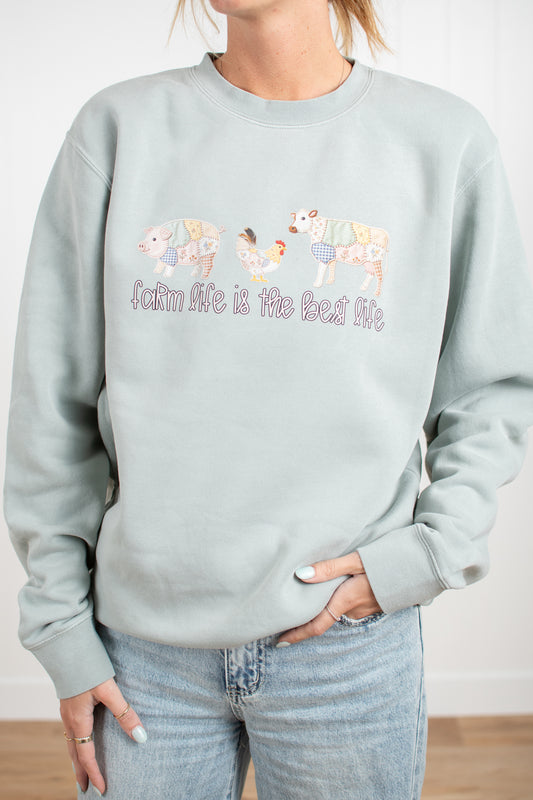 Patchwork 'Farm Life is the Best Life' Sage Crewneck