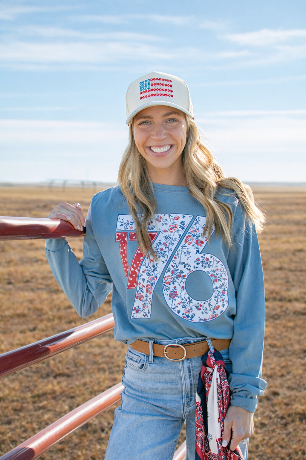 Patriotic Floral '1776' Blue Long Sleeve