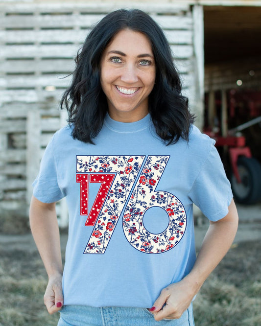 Patriotic Floral '1776' Blue Tee