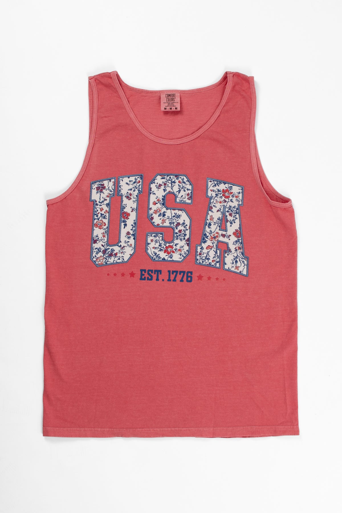 Patriotic Floral 'USA' Washed Red Tank Top