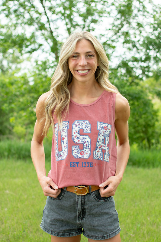 Patriotic Floral 'USA' Washed Red Tank Top