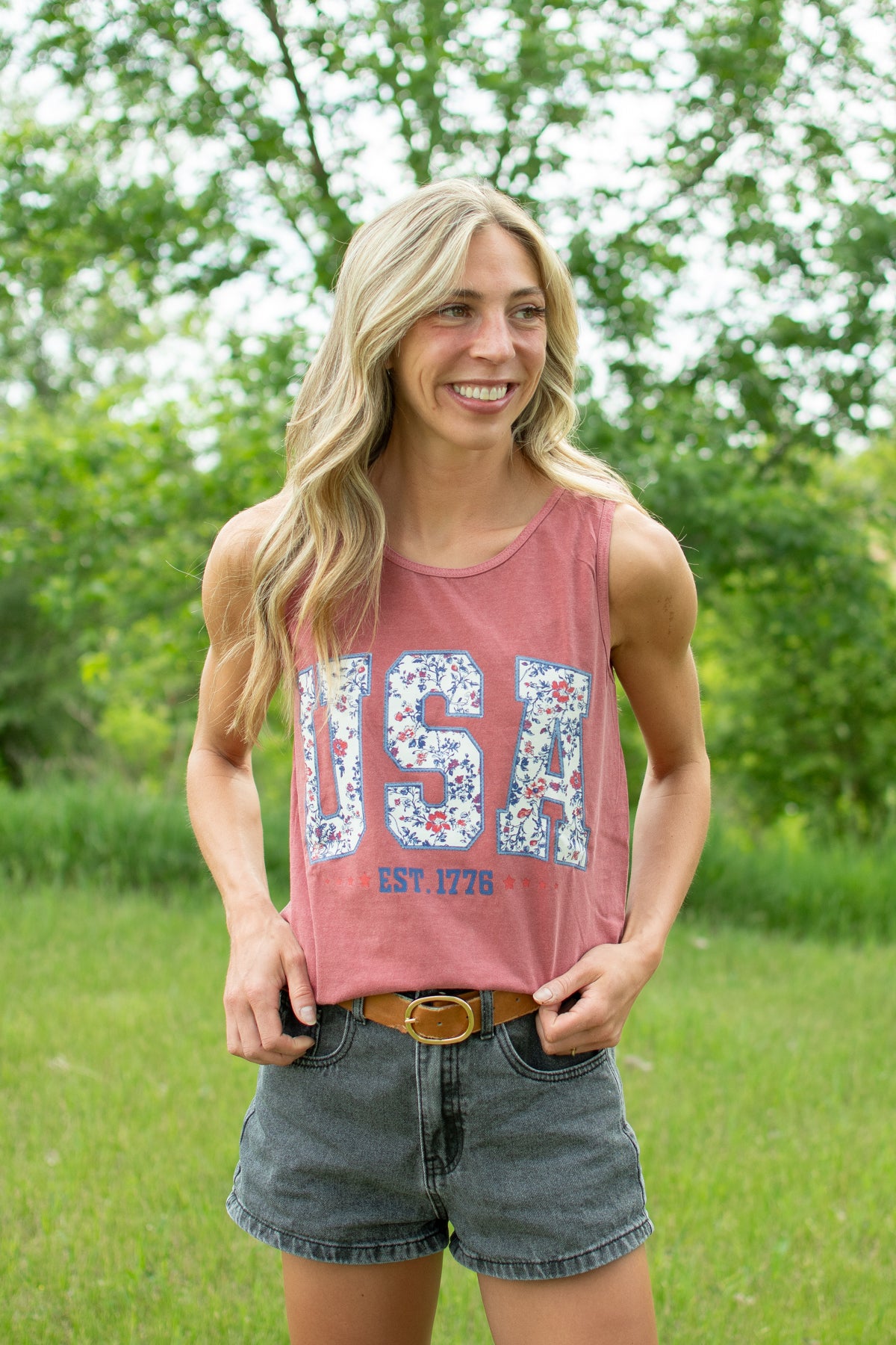 Patriotic Floral 'USA' Washed Red Tank Top