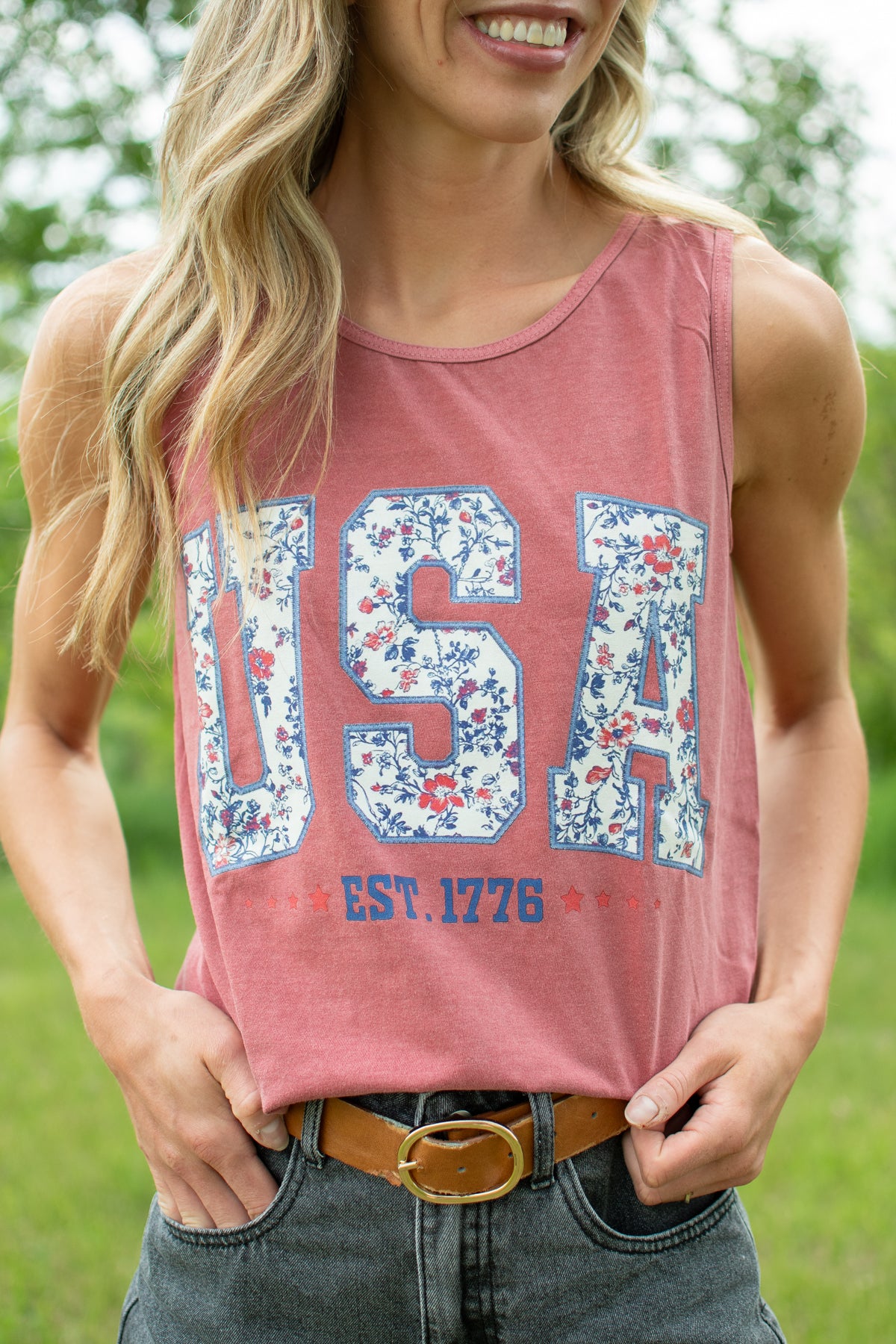 Patriotic Floral 'USA' Washed Red Tank Top