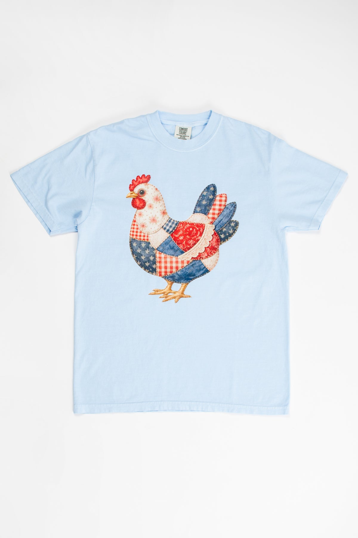 Patriotic Patchwork Chicken Light Blue Tee