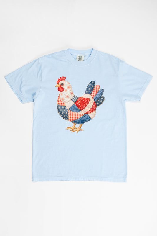 Patriotic Patchwork Chicken Light Blue Tee