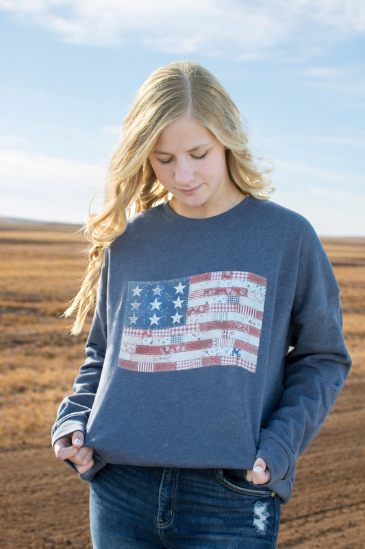 Patriotic Quilted American Flag Navy Crewneck