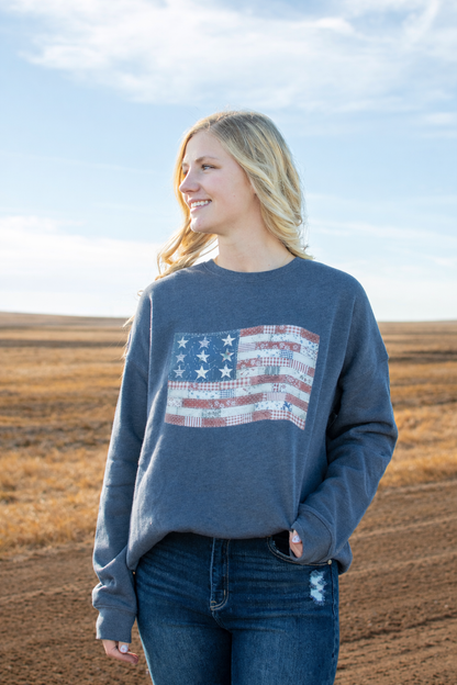 Patriotic Quilted American Flag Navy Crewneck