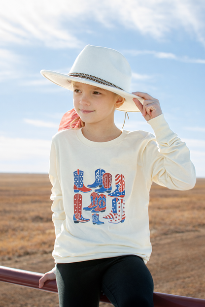 Patriotic Western Boots Cream Toddler/Youth Long Sleeve