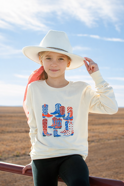 Patriotic Western Boots Cream Toddler/Youth Long Sleeve