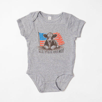 Patriotic Calf 'Red, White, & Moo' Gray Onesie