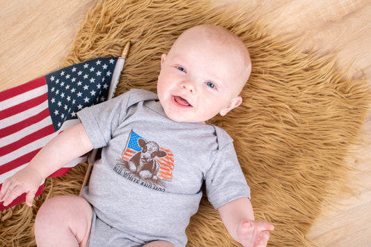 Patriotic Calf 'Red, White, & Moo' Gray Onesie