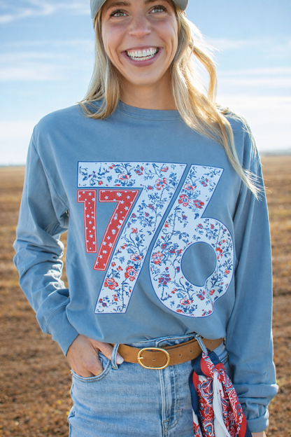Patriotic Floral '1776' Blue Long Sleeve