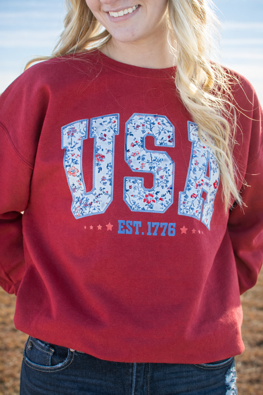 Patriotic Floral 'USA' Red Crewneck