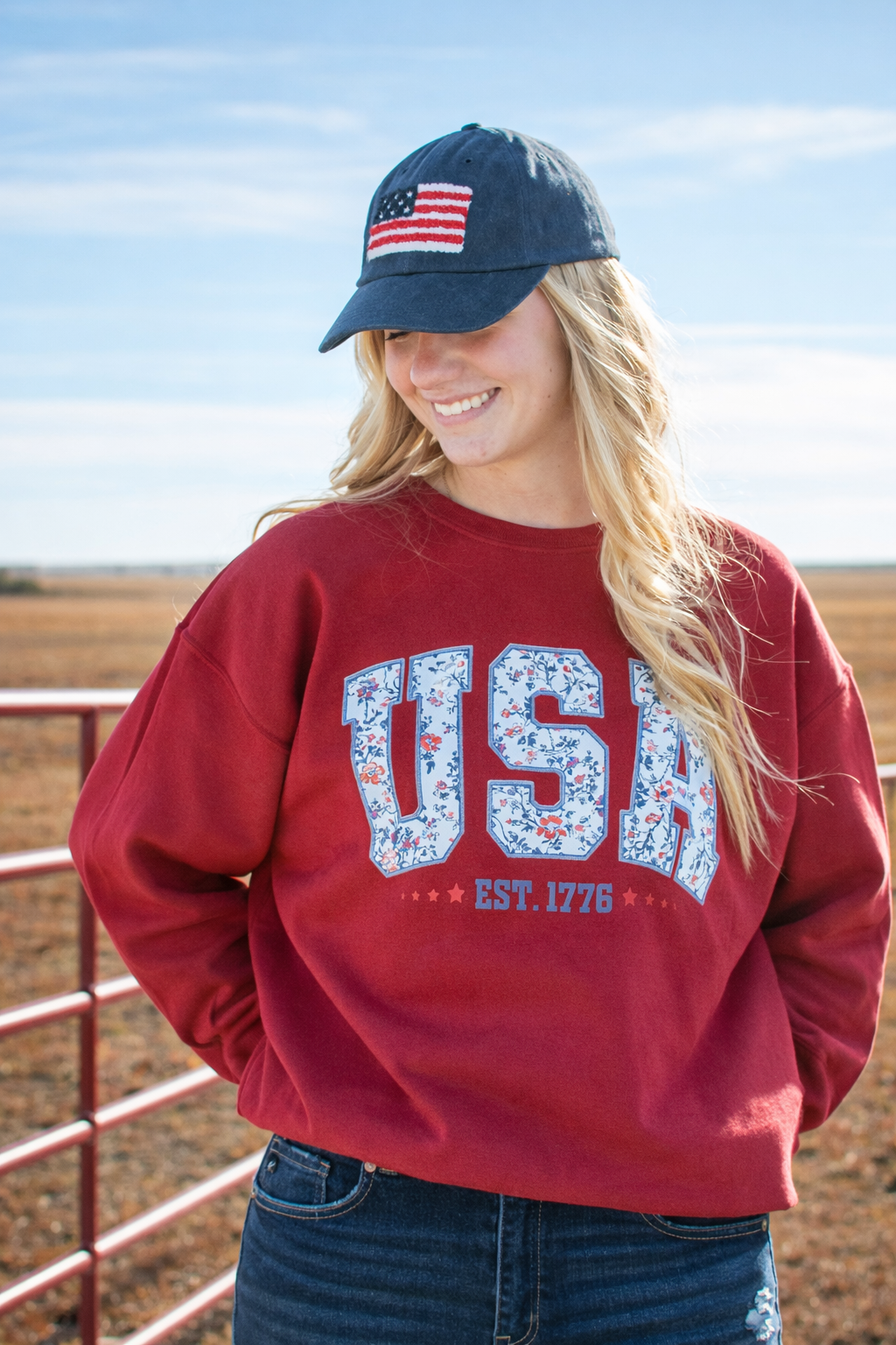 Patriotic Floral 'USA' Red Crewneck