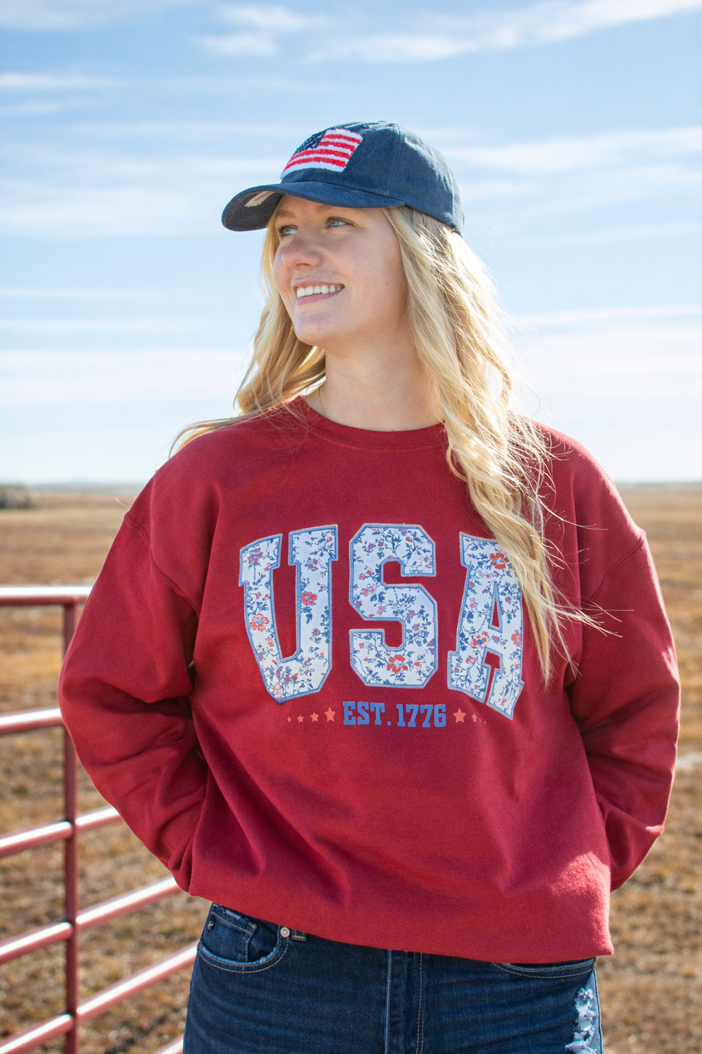 Patriotic Floral 'USA' Red Crewneck