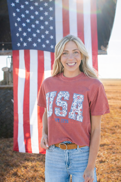 Patriotic Floral 'USA' Washed Red Tee