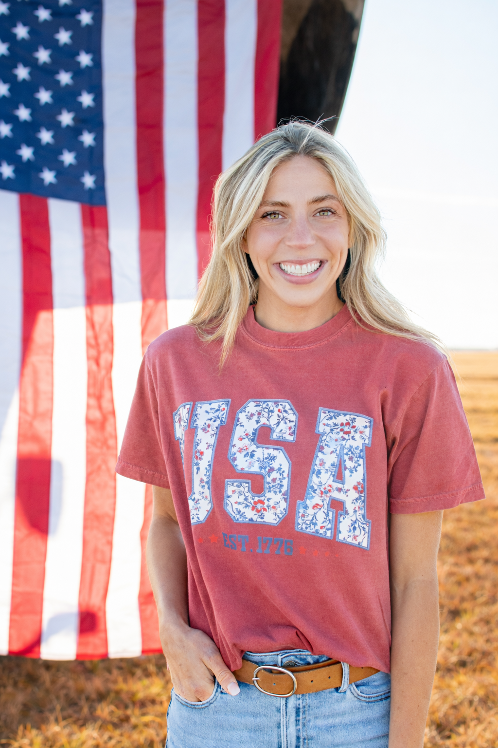 Patriotic Floral 'USA' Washed Red Tee