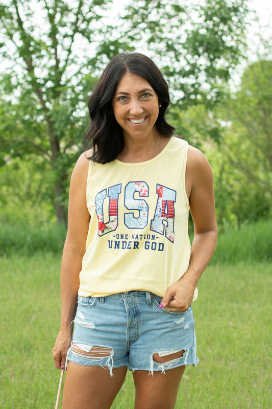 Patriotic Quilted 'USA' Yellow Tank Top