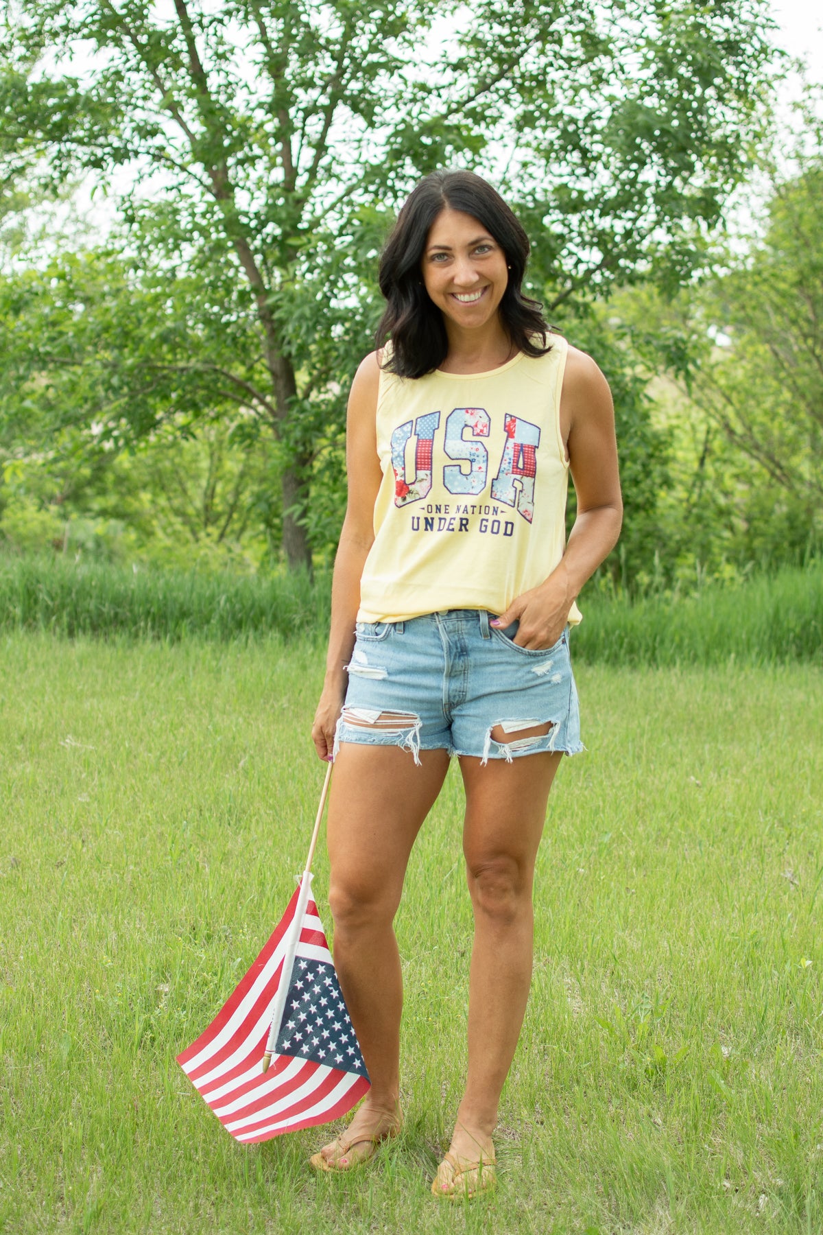 Patriotic Quilted 'USA' Yellow Tank Top