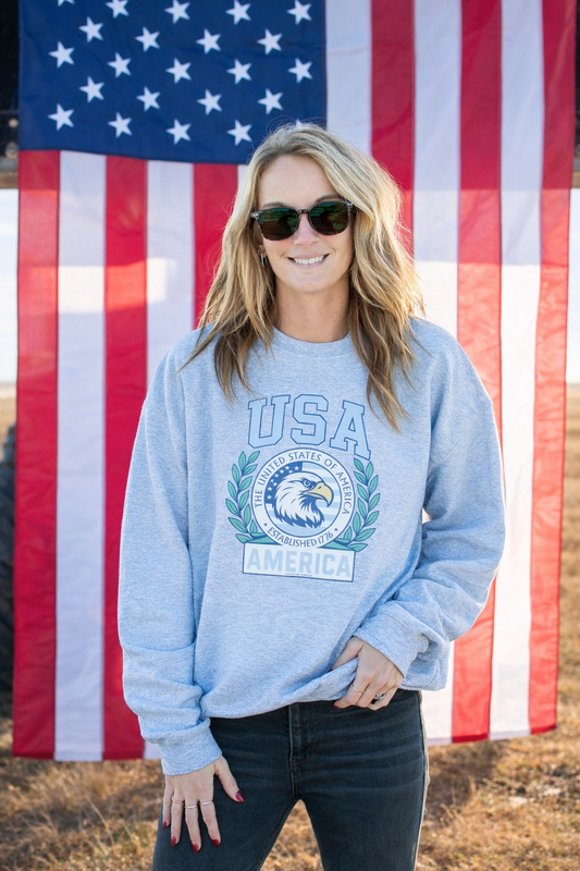 Patriotic 'USA' Blue Seal Grey Crewneck