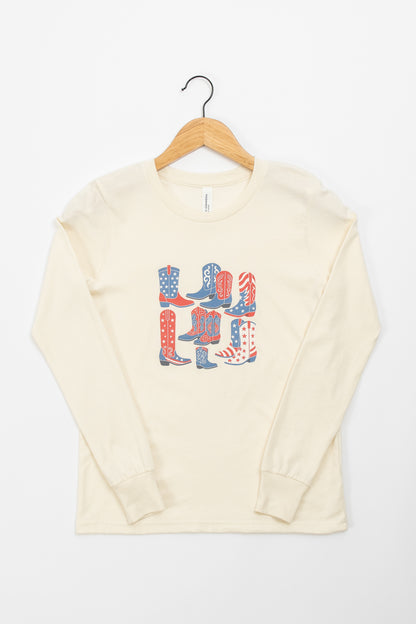 Patriotic Western Boots Cream Toddler/Youth Long Sleeve
