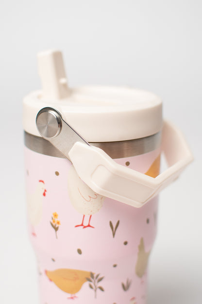 Pink Cottage Chicken 20oz Kids Bucket Handle Tumbler