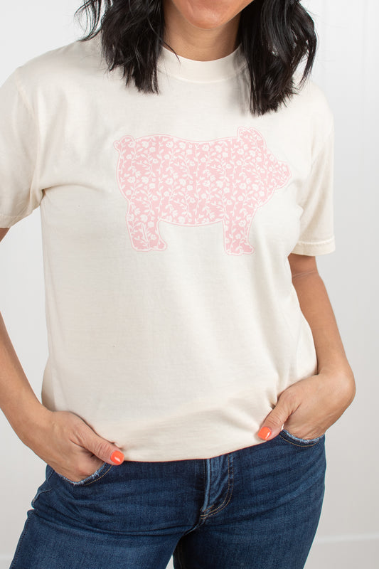 Pink Floral Pig Ivory Tee