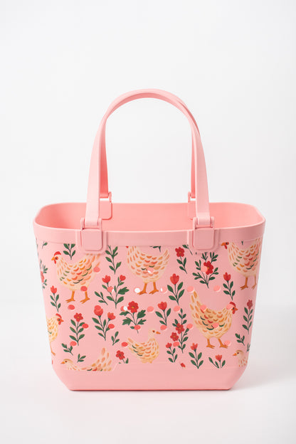 *PREORDER* Pink Chickens & Blooms Rubber Tote Bag - Large
