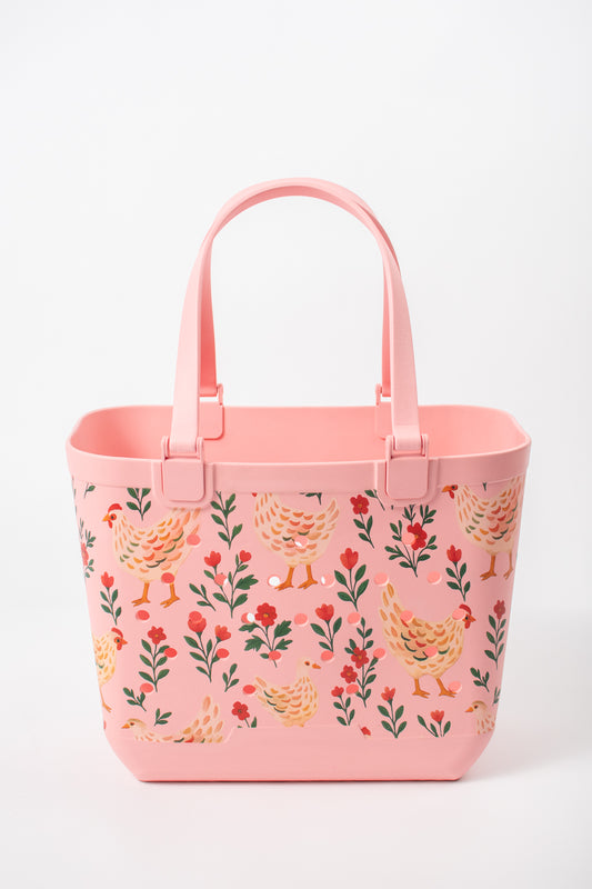 *PREORDER* Pink Chickens & Blooms Rubber Tote Bag - Large
