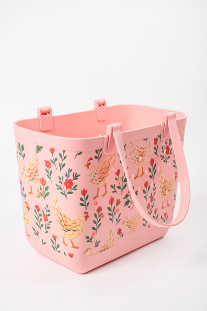 *PREORDER* Pink Chickens & Blooms Rubber Tote Bag - Large