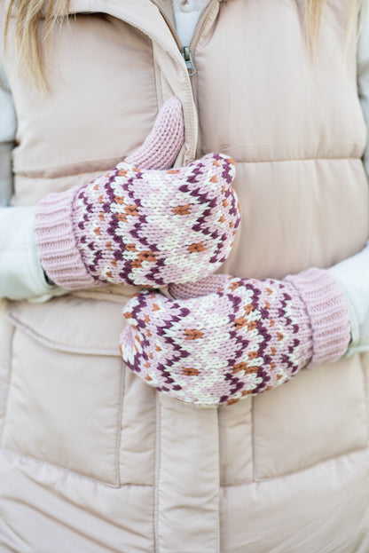Pink, Ivory & Rust Patterned Mittens