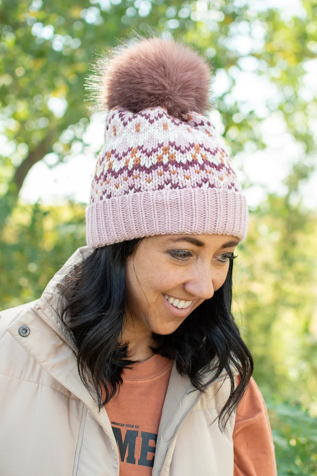 Pink, White & Rust Patterned Pom Hat