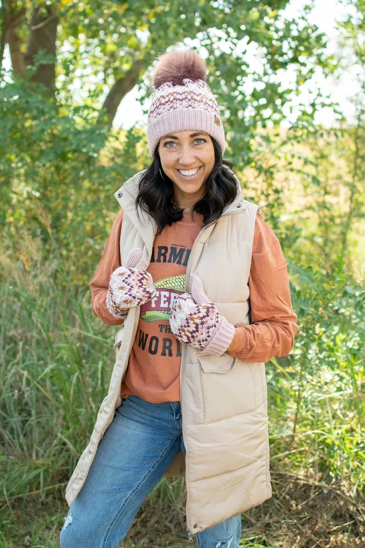 Pink, Ivory & Rust Patterned Mittens