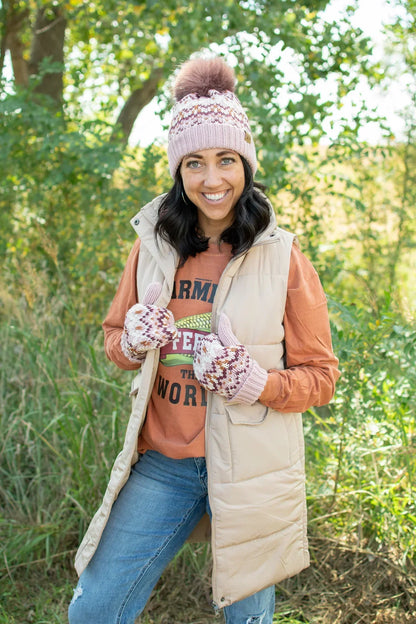 Pink, Ivory & Rust Patterned Mittens
