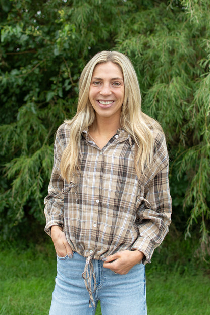 Plaid Flannel Hooded Shacket with Drawstring Hem