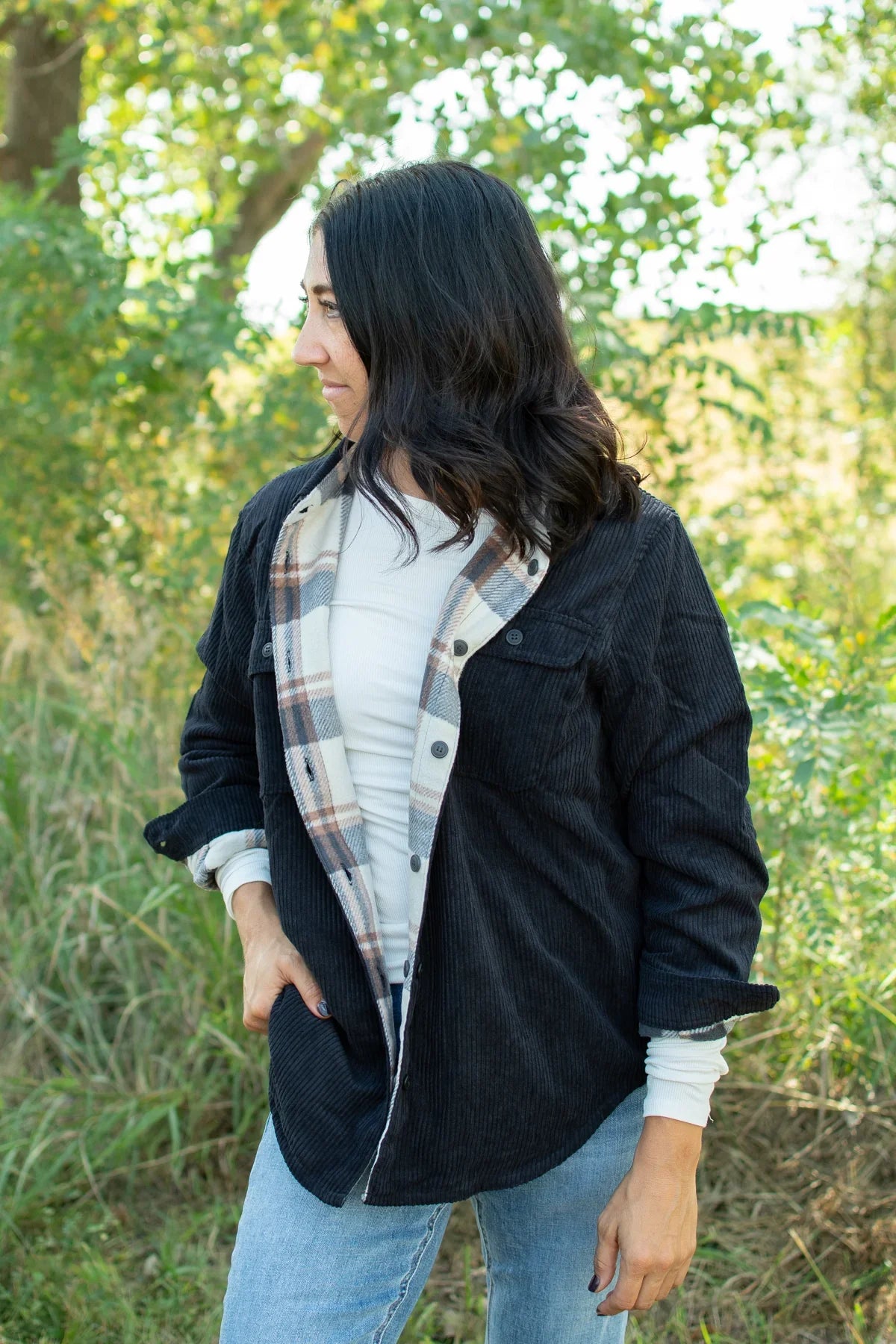 Plaid Lined Reversible Corduroy Flannel Shacket