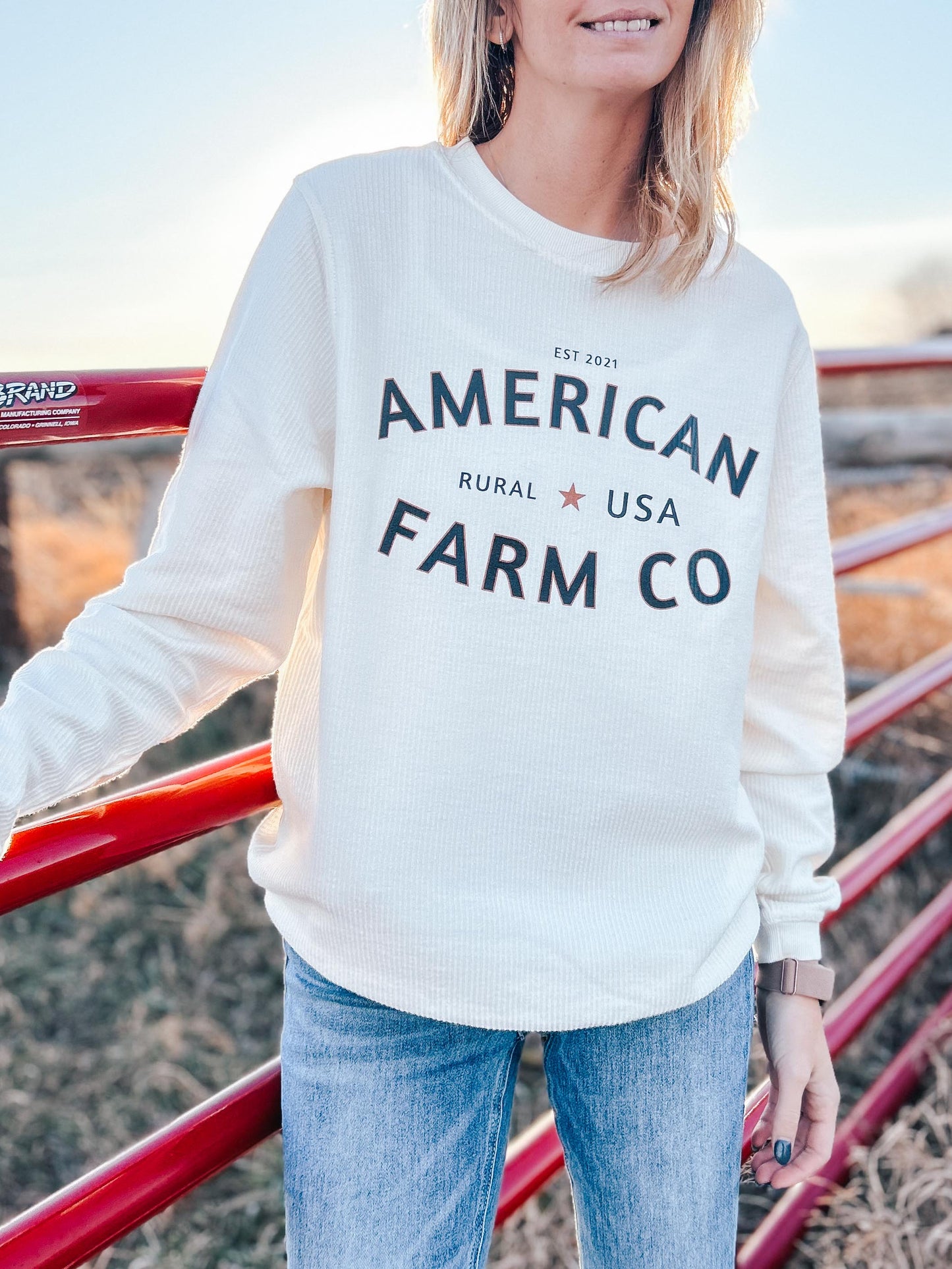 'Rural USA’ Ivory Ribbed Crew - American Farm Company