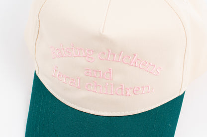 'Raising Chickens and Feral Children.' Embroidered Green Trucker Hat