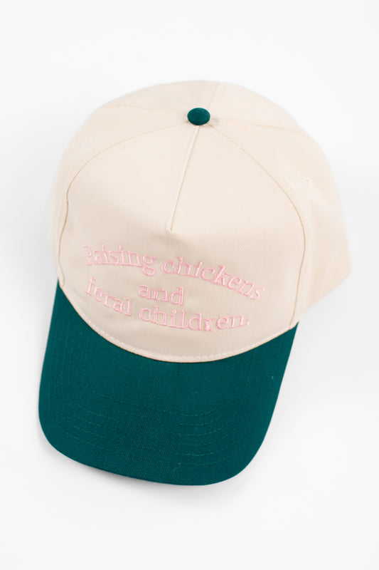 'Raising Chickens and Feral Children.' Embroidered Green Trucker Hat